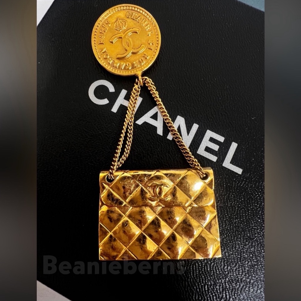 CHANEL CC Vintage Quilted Bag Motif Brooch Pin 24k Gold Plated 93P - Picture 6 of 8